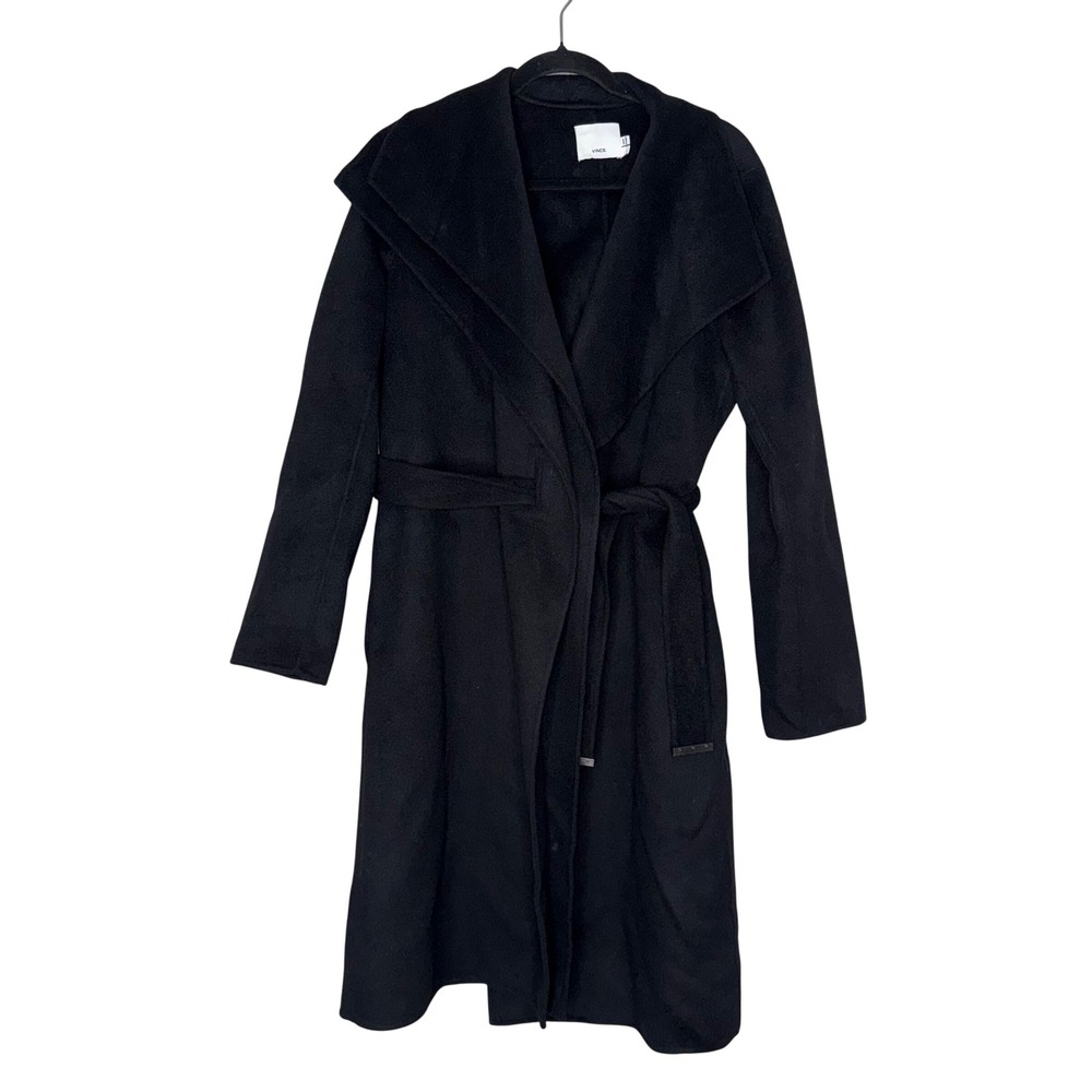 Vince Wool Blend Wrap Coat Womens Large Blk Excellent Draped Shawl Collar Belted